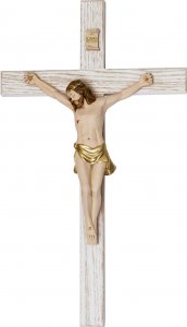 Copertina di 'Crocifisso in frassino decapè bianco con Cristo in resina colorata - altezza 22 cm'