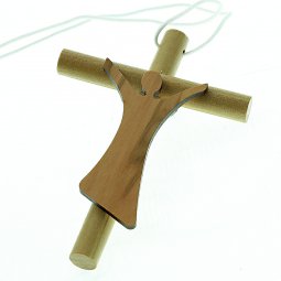 Copertina di 'Croce in legno tonda con corpo stilizzato e laccio bianco - dimensioni 7x10 cm'