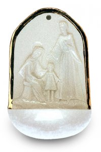Copertina di 'Acquasantiera Sacra Famiglia in porcellana con profilo in oro zecchino cm 12'