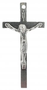 Copertina di 'Croce barretta con Cristo stampato in metallo ossidato - 4 cm'