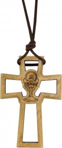 Copertina di 'Bomboniera comunione: Croce in legno d'ulivo traforata con calice - 4,7 cm'