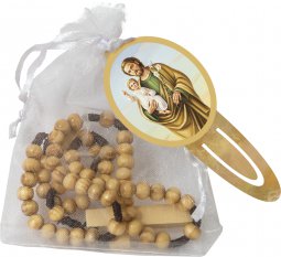 Copertina di 'Sacchettino in tulle bianco con rosario in legno d'ulivo e segnalibro "San Giuseppe con il bambino"'