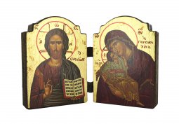Copertina di 'Icona dittico Cristo Pantocratore e Madonna di Vladimir, produzione greca in legno - 13,5 x 9 cm'