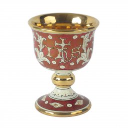 Copertina di 'Calice in ceramica con simbolo IHS "Modello Rubino e oro" - 15 cm'