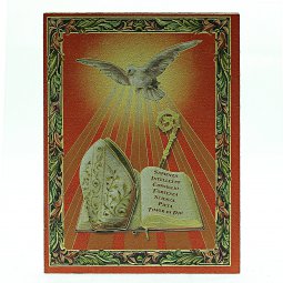 Copertina di 'Quadretto in legno rosso e oro "Colomba, tiara e doni dello Spirito Santo" - dimensioni 10,5x7,5 cm'