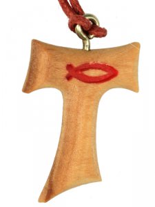 Copertina di 'Tau in ulivo con simbolo Ichthys in rosso con laccio - altezza 2,5 cm'