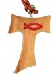 Tau in ulivo con simbolo Ichthys in rosso con laccio - altezza 2,5 cm