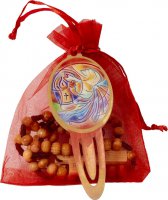 Sacchettino in tulle rosso con rosario in legno d'ulivo e segnalibro "Santa Cresima"