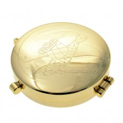 Copertina di 'Teca eucaristica porta ostie in ottone dorato "Pani e pesci" - diametro 5,3 cm'