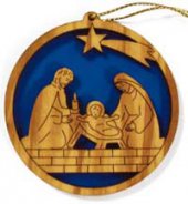 Presepe circolare con Sacra Famiglia e stella cometa in legno d'ulivo su sfondo blu