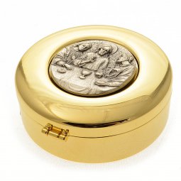 Copertina di 'Scatola porta ostie dorata con placca in argento "Ultima cena" - diametro 9 cm'