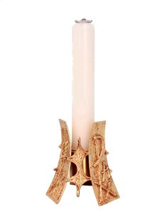Copertina di 'Candeliere per finta candela in ottone dorato lucido "Pax e spighe" - diametro 4 cm'