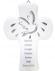 Copertina di 'Croce bombata in polimero bianca e argento "I doni dello Spirito Santo" - altezza 14 cm'