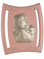 Icona con lamina d'argento e Swarovski "Maria e Gesù" rosa - dimensioni 9x7,5 cm