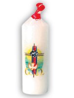 Candela bianca con stampa a colori "croce, colomba, alfa ed omega" - altezza 14 cm
