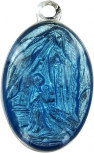 Copertina di 'Medaglia Madonna Lourdes in alluminio con smalto azzurro - 1,5 cm'