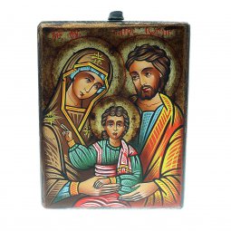 Copertina di 'Icona bizantina dipinta a mano "Sacra Famiglia con Gesù benedicente in veste verde" - 18x14 cm'
