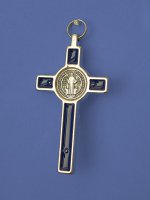 Immagine di 'Croce in metallo "San Benedetto" su sfondo blu - altezza 8 cm'