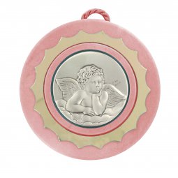 Copertina di 'Sopraculla tondo di colore rosa con angioletto in argento - diametro 9 cm'