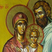 Immagine di 'Icona greca dipinta a mano "Sacra Famiglia con Ges benedicente in veste arancione" - 27x22 cm'