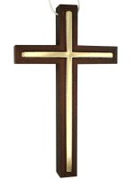 Croce per Prima Comunione in legno scuro ed inserti dorati con laccio - dimensioni 10x6 cm