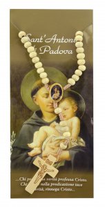 Copertina di 'Rosario Sant Antonio con grani in legno mm 5 legatura seta con busta trasparente'