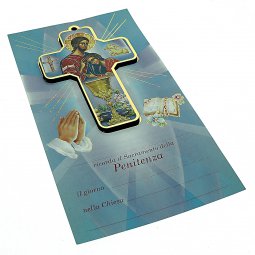 Copertina di 'Croce in legno "Prima Confessione"con cartoncino ricordo - 13X8 cm'