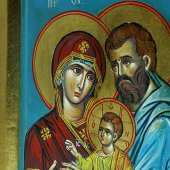 Immagine di 'Icona greca dipinta a mano "Sacra Famiglia con Ges benedicente" su sfondo azzurro - 27x23 cm'