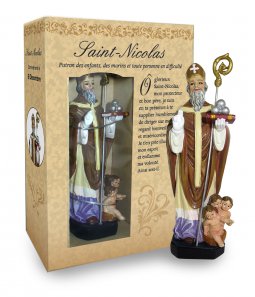 Copertina di 'Statua di San Nicola da 12 cm in confezione regalo con segnalibro in versione FRANCESE'