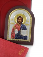 Immagine di 'Icona Cristo con libro aperto greca a forma di arco con lastra in argento - 20 x 26 cm'