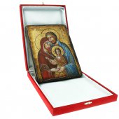 Immagine di 'Icona bizantina dipinta a mano "Sacra Famiglia con Gesù benedicente e Giuseppe in veste azzurra" - 22x18 cm'
