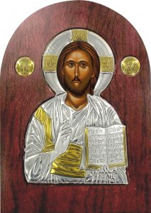 Copertina di 'Icona Cristo con libro aperto Greca a forma di arco in argento con dettagli in oro e cristalli - 26 x 20 cm'