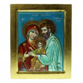 Icona greca dipinta a mano "Sacra Famiglia con Ges benedicente" su sfondo azzurro - 40x30 cm