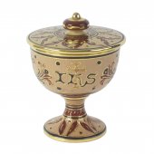 Pisside in ceramica simbolo IHS "Modello Deruta marrone oro graffito" - 14 cm