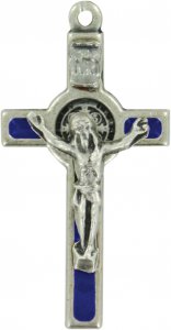 Copertina di 'Croce San Benedetto in metallo nichelato con smalto blu - 3,5 cm'