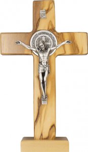 Copertina di 'Croce di San Benedetto da tavolo in legno d'ulivo e metallo - altezza 18 cm'