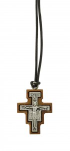 Copertina di 'Croce San Damiano in metallo ossidato su legno ulivo con cordone - 3 x 2 cm'