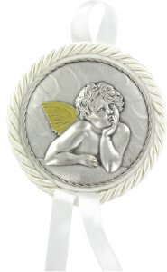 Copertina di 'Sopraculla in pelle con medaglia in metallo raffigurante un angelo cherubino (bianco)  7 cm'