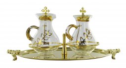 Copertina di 'Ampolline vetro decorate con vassoio dorato con piedini'