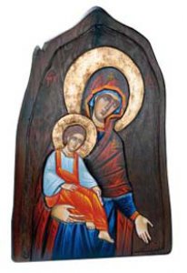 Copertina di 'Icona in legno sagomato "Maria mediatrice" - dimensioni 55x37,5 cm'