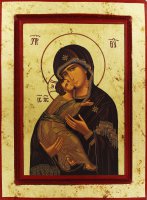 Icona Madonna della Tenerezza, Vergine di Vladimir, produzione greca su legno - 32,5 x 25 cm