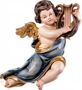 Putto mariano con lira - Demetz - Deur - Statua in legno dipinta a mano. Altezza pari a 55 cm.