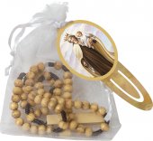 Sacchettino in tulle bianco con rosario in legno d'ulivo e segnalibro "Madonna del Carmine"