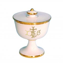 Copertina di 'Pisside in ceramica simbolo IHS "Modello Bianco oro" - 14 cm'
