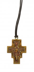Copertina di 'Croce San Damiano in ulivo con adesivo resinato e cordoncino - 4 x 3 cm'