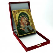 Immagine di 'Icona bizantina dipinta a mano "Madonna della Tenerezza Vladimirskaja col manto verde" e profilo dorato - 18x14 cm'