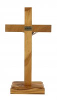 Immagine di 'Crocifisso da tavolo con base in legno ulivo con Cristo in metallo ossidato - 19 cm'