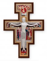 Croce di San Damiano in legno e bilaminato d'argento - dimensioni 26x18,5 cm