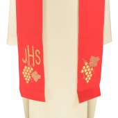 Immagine di 'Stola rossa con grappolo d'uva e cristogramma IHS ricamati'
