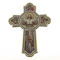 Copertina di 'Croce dell'Accoglienza in legno con decoro a rilievo e pagellina - dimensioni 10x15 cm'